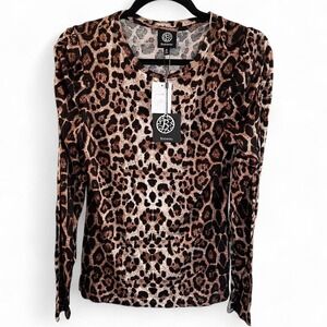 Bobeau brown leopard cheetah print long sleeve top blouse ruched puffy balloon M